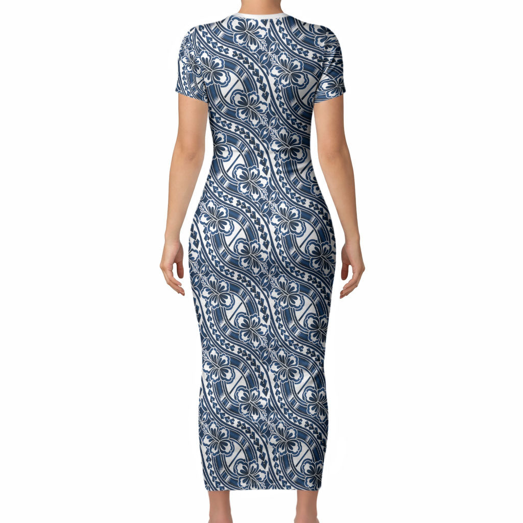 Hibiscus Bloom Island Tribal Waves Short Sleeve Bodycon Dress Blue Polynesian Pattern