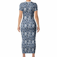 Hibiscus Bloom Island Tribal Waves Short Sleeve Bodycon Dress Blue Polynesian Pattern