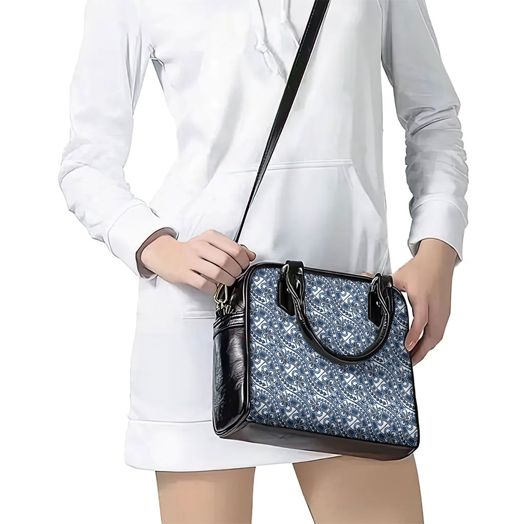 Hibiscus Bloom Island Tribal Waves Shoulder Handbag Blue Polynesian Pattern