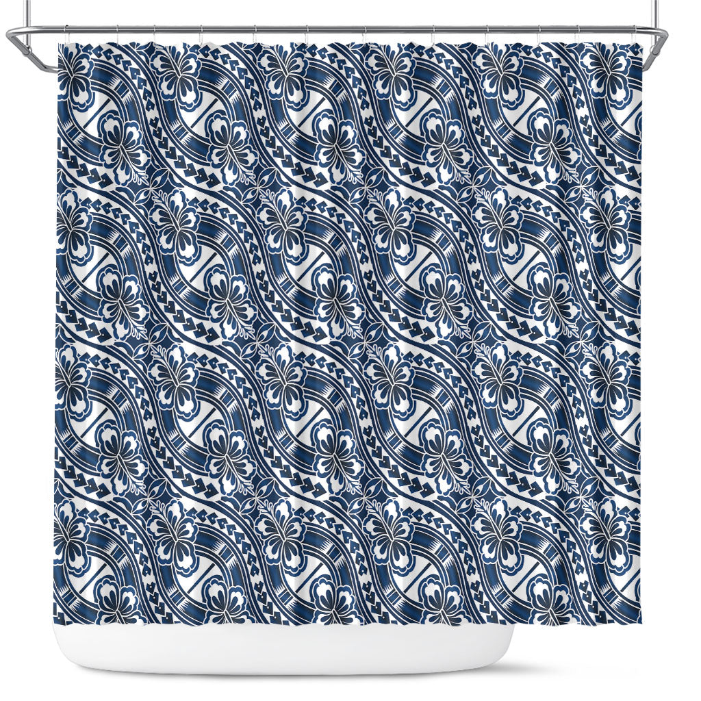 Hibiscus Bloom Island Tribal Waves Shower Curtain Blue Polynesian Pattern