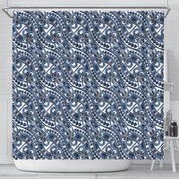 Hibiscus Bloom Island Tribal Waves Shower Curtain Blue Polynesian Pattern