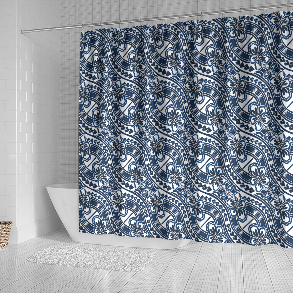Hibiscus Bloom Island Tribal Waves Shower Curtain Blue Polynesian Pattern