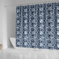 Hibiscus Bloom Island Tribal Waves Shower Curtain Blue Polynesian Pattern