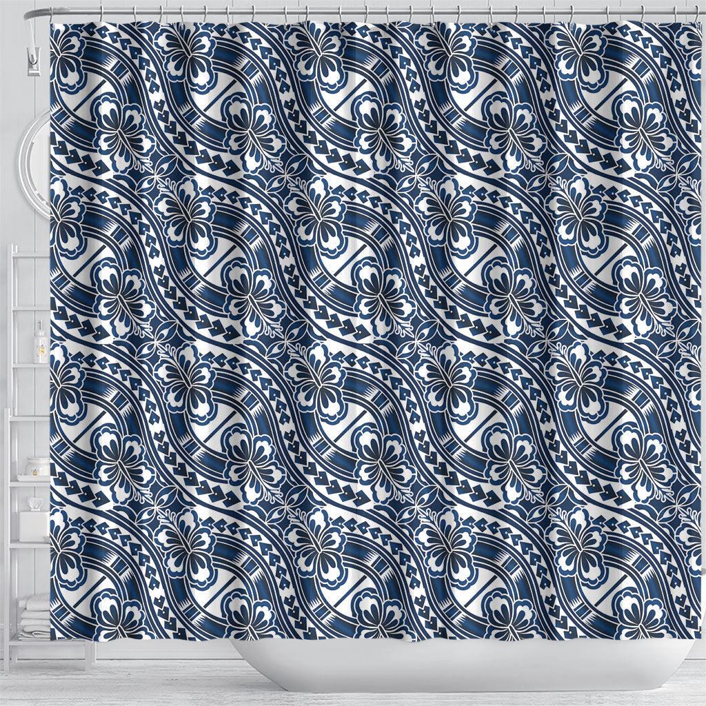 Hibiscus Bloom Island Tribal Waves Shower Curtain Blue Polynesian Pattern