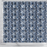 Hibiscus Bloom Island Tribal Waves Shower Curtain Blue Polynesian Pattern