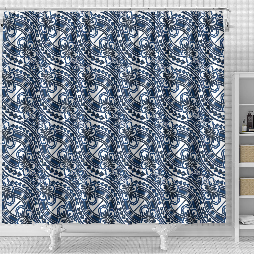 Hibiscus Bloom Island Tribal Waves Shower Curtain Blue Polynesian Pattern