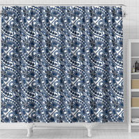 Hibiscus Bloom Island Tribal Waves Shower Curtain Blue Polynesian Pattern