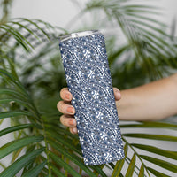 Hibiscus Bloom Island Tribal Waves Skinny Tumbler Blue Polynesian Pattern
