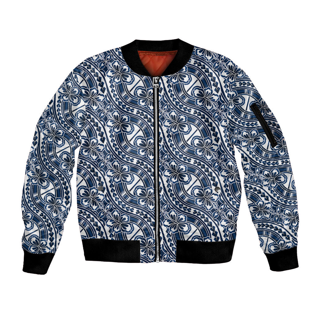 Hibiscus Bloom Island Tribal Waves Sleeve Zip Bomber Jacket Blue Polynesian Pattern