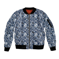 Hibiscus Bloom Island Tribal Waves Sleeve Zip Bomber Jacket Blue Polynesian Pattern