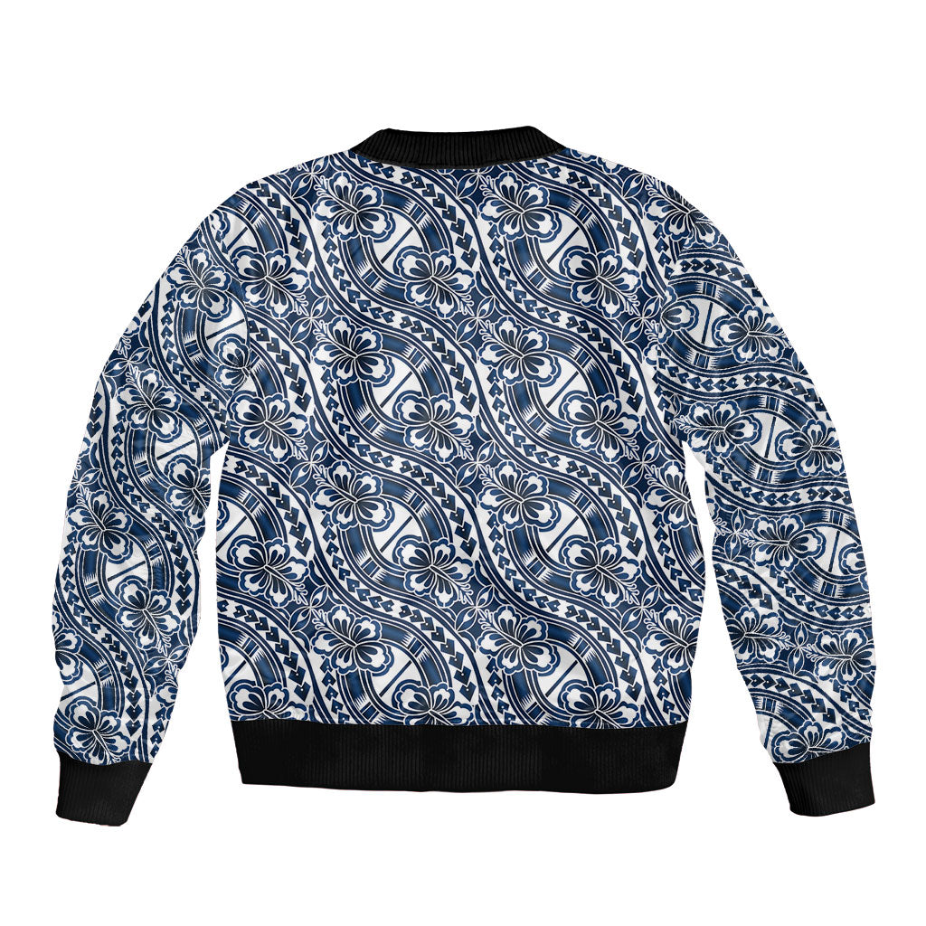 Hibiscus Bloom Island Tribal Waves Sleeve Zip Bomber Jacket Blue Polynesian Pattern