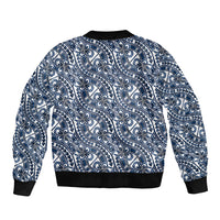 Hibiscus Bloom Island Tribal Waves Sleeve Zip Bomber Jacket Blue Polynesian Pattern
