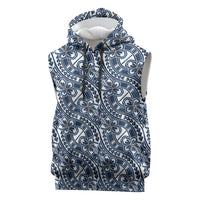 Hibiscus Bloom Island Tribal Waves Sleeveless Hoodie Blue Polynesian Pattern