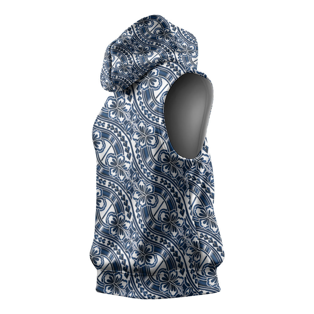 Hibiscus Bloom Island Tribal Waves Sleeveless Hoodie Blue Polynesian Pattern