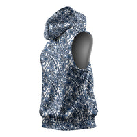 Hibiscus Bloom Island Tribal Waves Sleeveless Hoodie Blue Polynesian Pattern