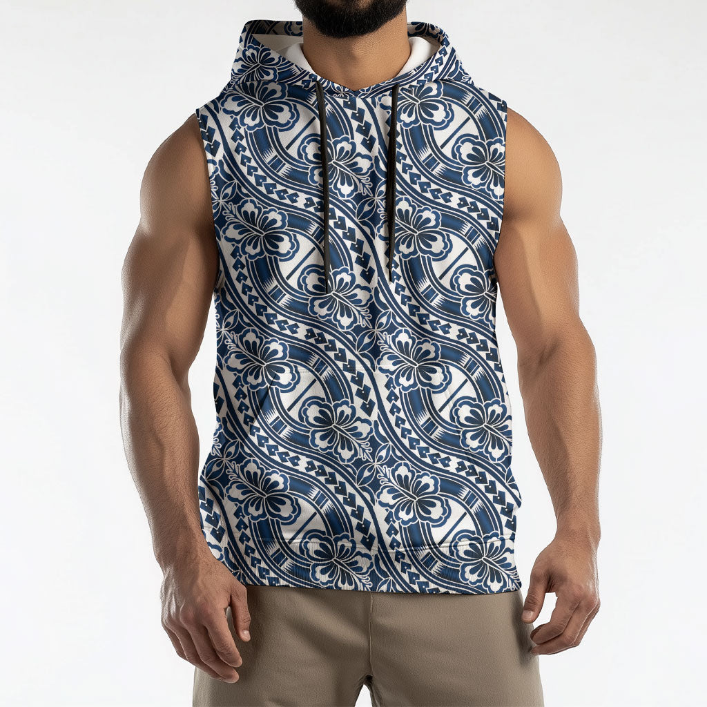 Hibiscus Bloom Island Tribal Waves Sleeveless Hoodie Blue Polynesian Pattern
