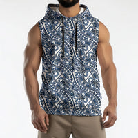 Hibiscus Bloom Island Tribal Waves Sleeveless Hoodie Blue Polynesian Pattern