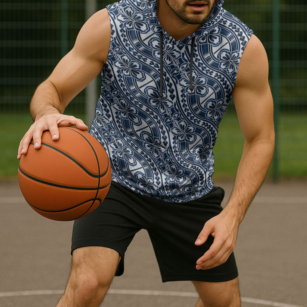 Hibiscus Bloom Island Tribal Waves Sleeveless Hoodie Blue Polynesian Pattern