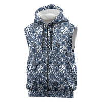 Hibiscus Bloom Island Tribal Waves Sleeveless Zip Hoodie Blue Polynesian Pattern