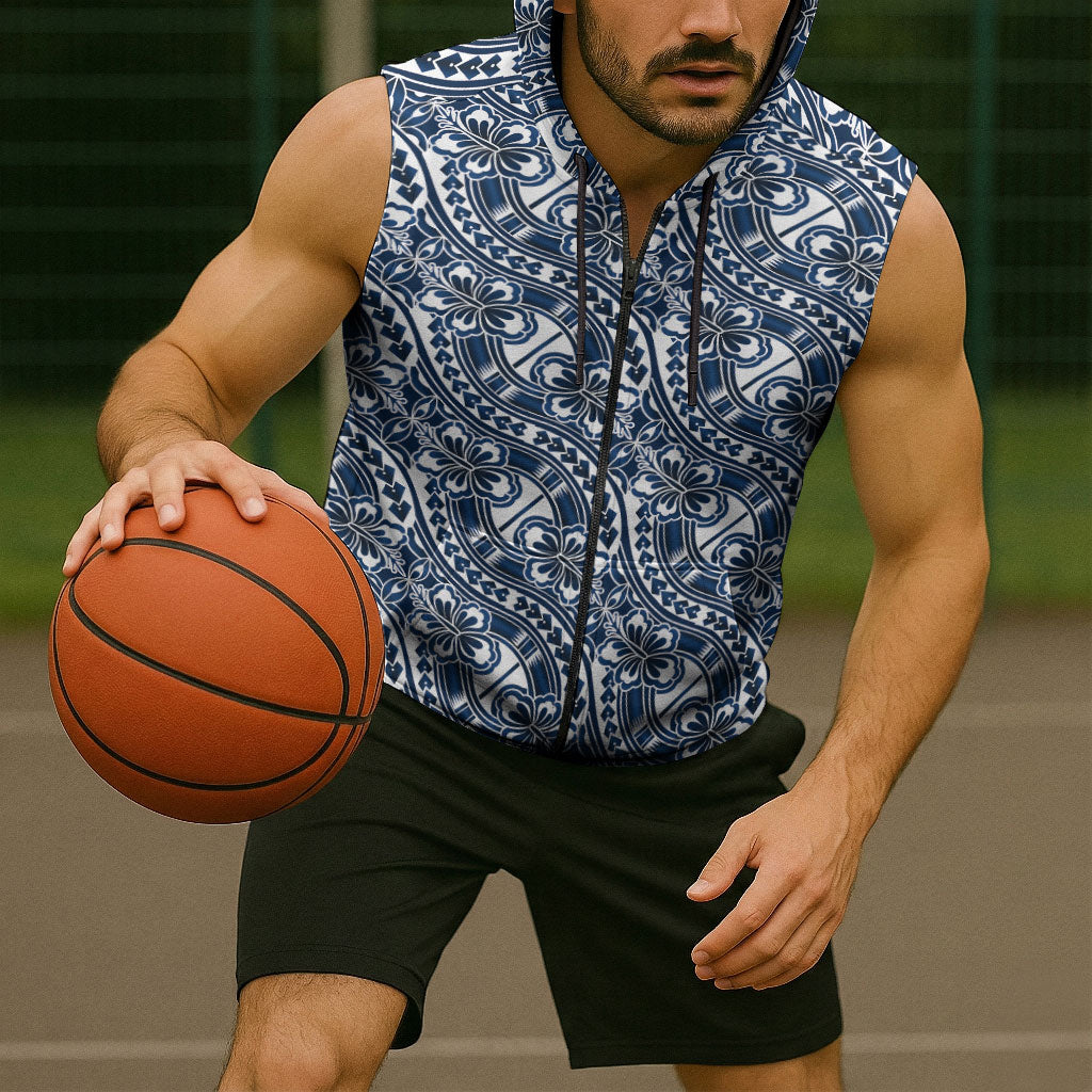 Hibiscus Bloom Island Tribal Waves Sleeveless Zip Hoodie Blue Polynesian Pattern