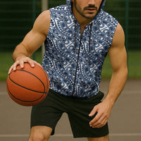 Hibiscus Bloom Island Tribal Waves Sleeveless Zip Hoodie Blue Polynesian Pattern