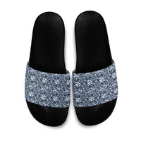 Hibiscus Bloom Island Tribal Waves Slide Sandals Blue Polynesian Pattern