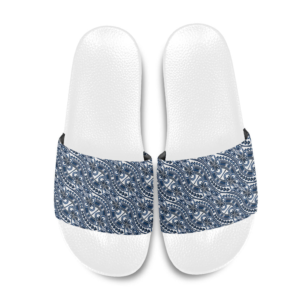 Hibiscus Bloom Island Tribal Waves Slide Sandals Blue Polynesian Pattern