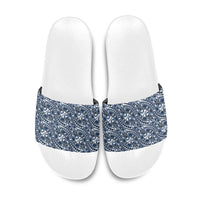 Hibiscus Bloom Island Tribal Waves Slide Sandals Blue Polynesian Pattern