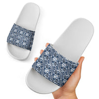 Hibiscus Bloom Island Tribal Waves Slide Sandals Blue Polynesian Pattern