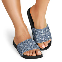 Hibiscus Bloom Island Tribal Waves Slide Sandals Blue Polynesian Pattern