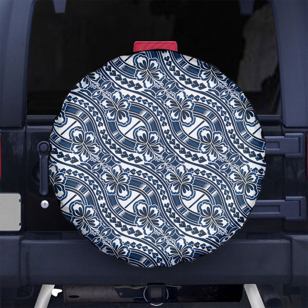 Hibiscus Bloom Island Tribal Waves Spare Tire Cover Blue Polynesian Pattern