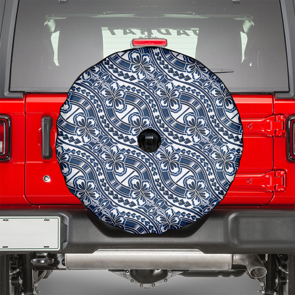 Hibiscus Bloom Island Tribal Waves Spare Tire Cover Blue Polynesian Pattern