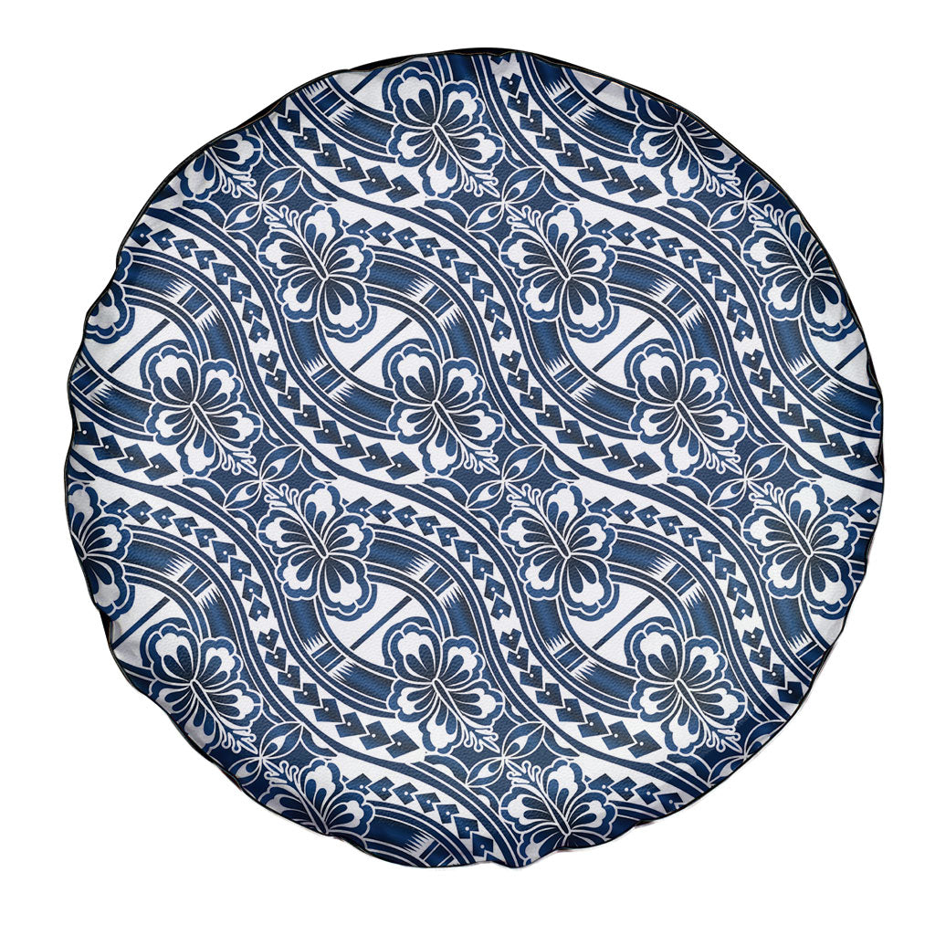 Hibiscus Bloom Island Tribal Waves Spare Tire Cover Blue Polynesian Pattern