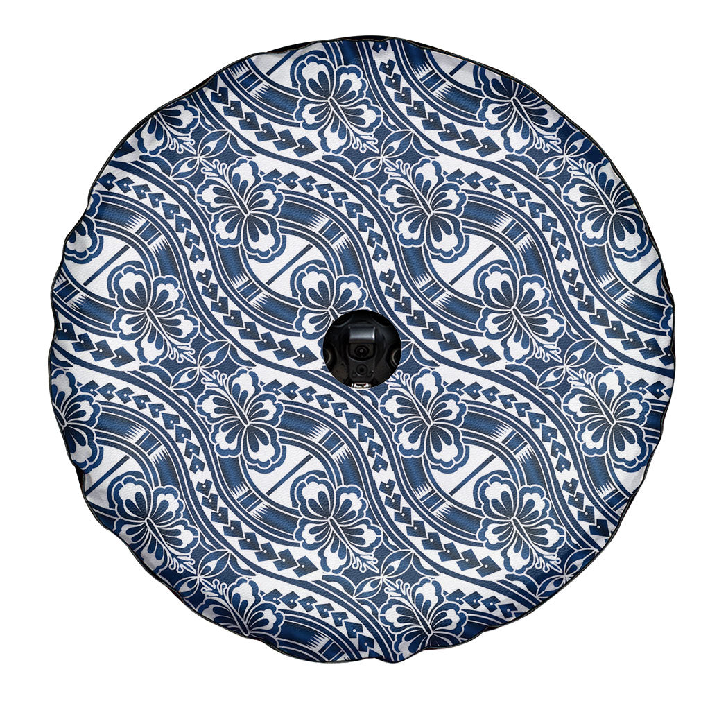 Hibiscus Bloom Island Tribal Waves Spare Tire Cover Blue Polynesian Pattern