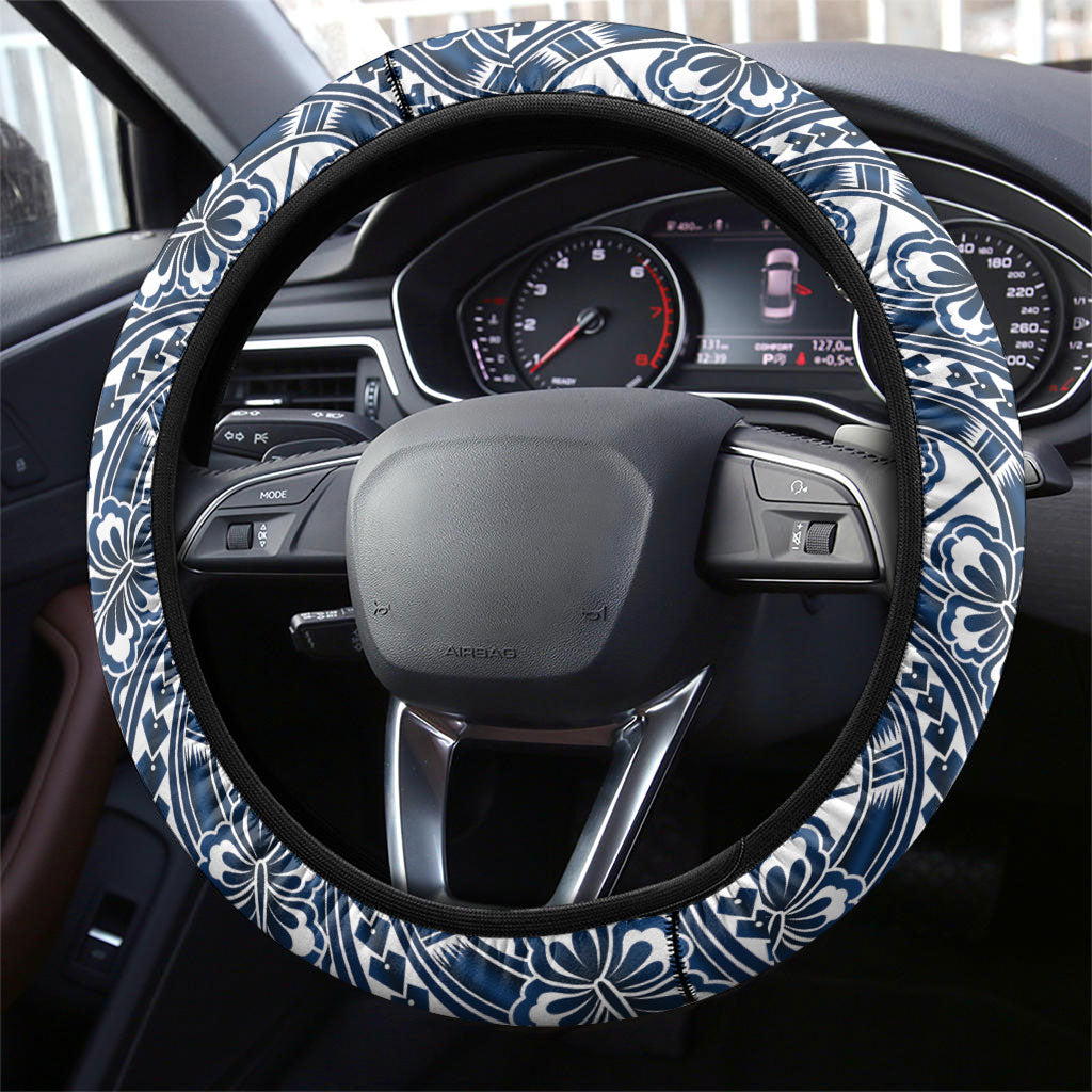 Hibiscus Bloom Island Tribal Waves Steering Wheel Cover Blue Polynesian Pattern LT01 - Polynesian Pride