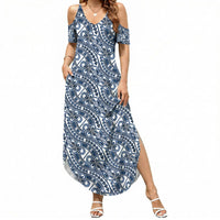 Hibiscus Bloom Island Tribal Waves Summer Maxi Dress Blue Polynesian Pattern