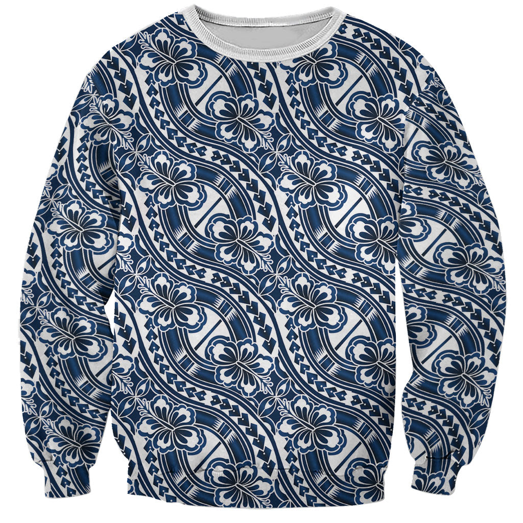 Hibiscus Bloom Island Tribal Waves Sweatshirt Blue Polynesian Pattern