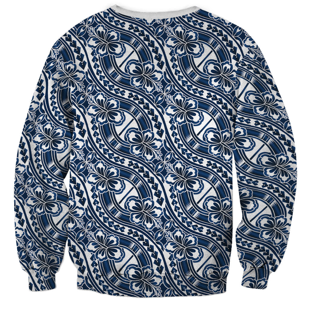 Hibiscus Bloom Island Tribal Waves Sweatshirt Blue Polynesian Pattern