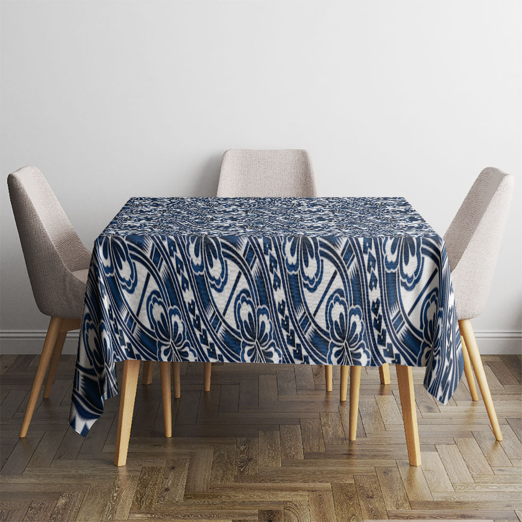 Hibiscus Bloom Island Tribal Waves Tablecloth Blue Polynesian Pattern