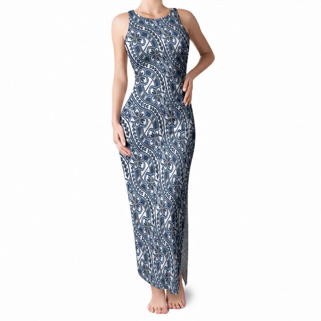 Hibiscus Bloom Island Tribal Waves Tank Maxi Dress Blue Polynesian Pattern