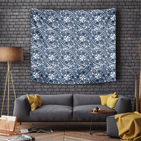 Hibiscus Bloom Island Tribal Waves Tapestry Blue Polynesian Pattern