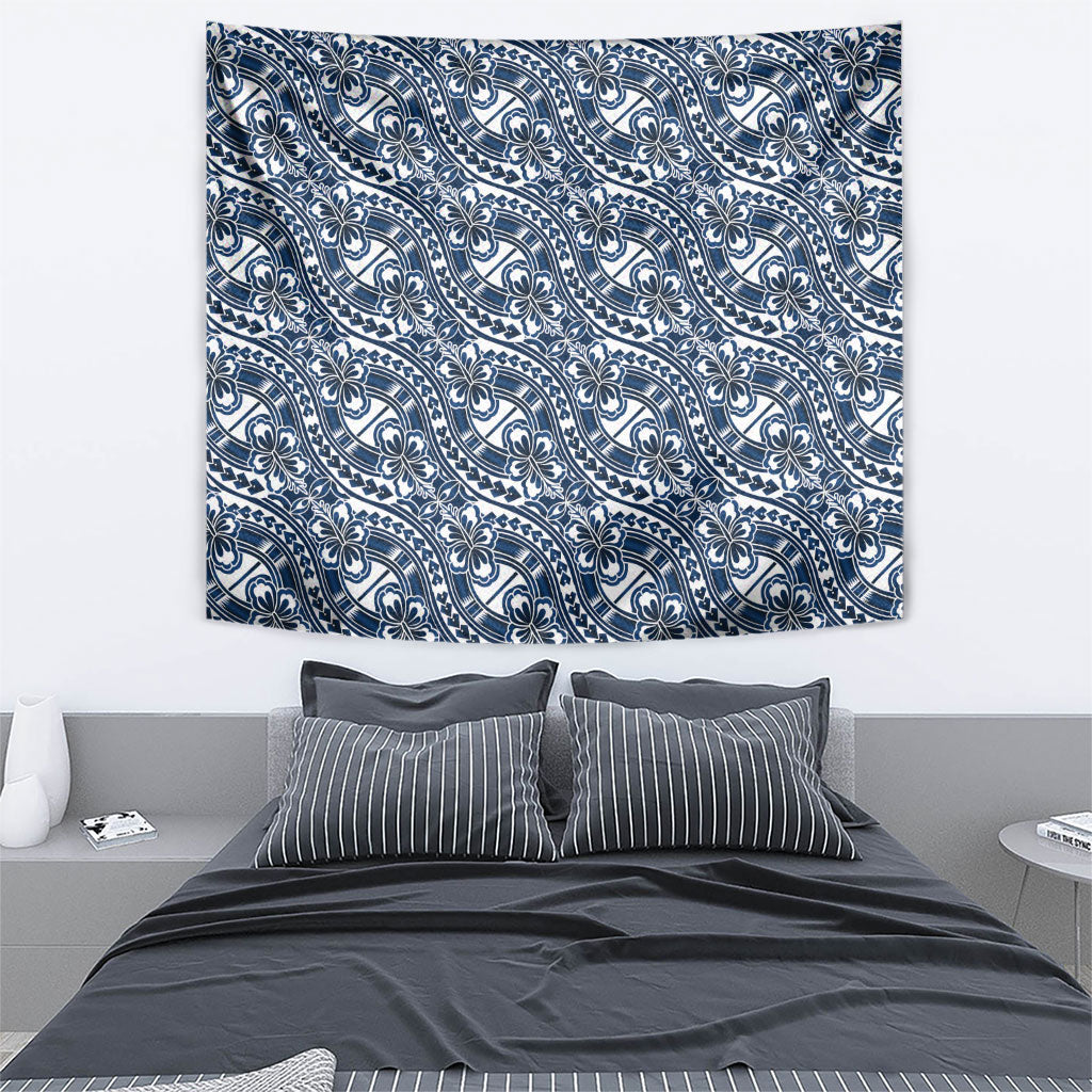 Hibiscus Bloom Island Tribal Waves Tapestry Blue Polynesian Pattern