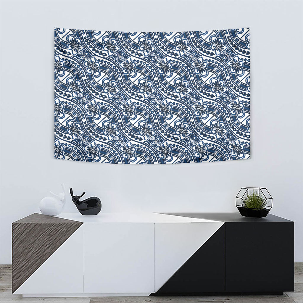 Hibiscus Bloom Island Tribal Waves Tapestry Blue Polynesian Pattern