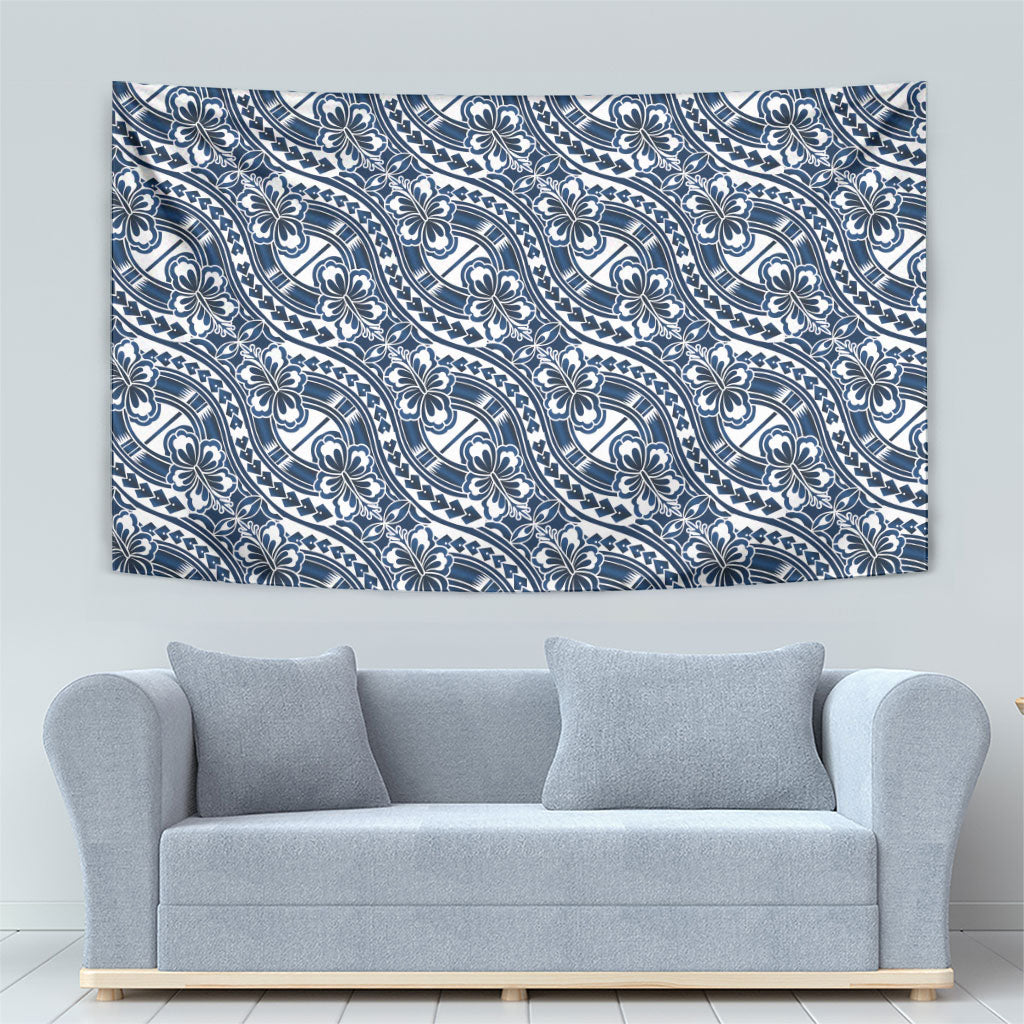 Hibiscus Bloom Island Tribal Waves Tapestry Blue Polynesian Pattern