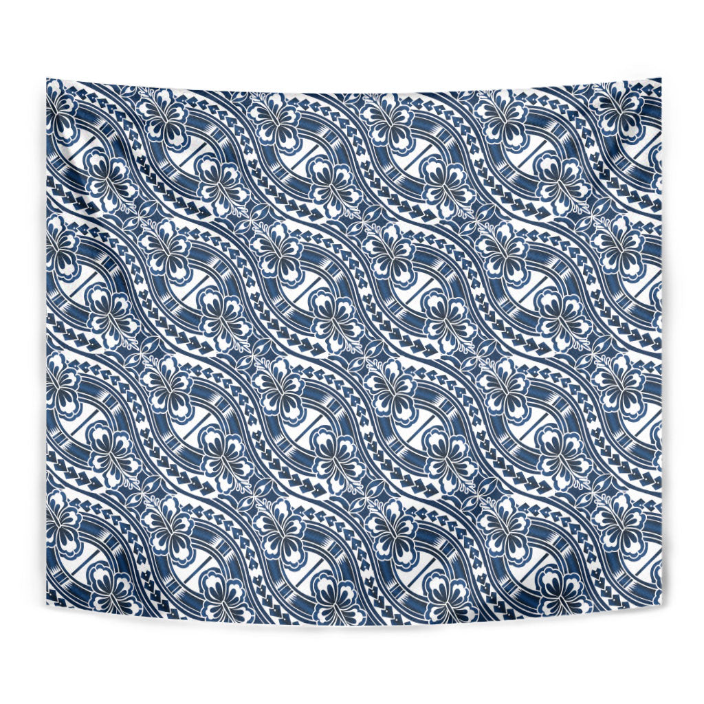 Hibiscus Bloom Island Tribal Waves Tapestry Blue Polynesian Pattern