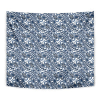 Hibiscus Bloom Island Tribal Waves Tapestry Blue Polynesian Pattern
