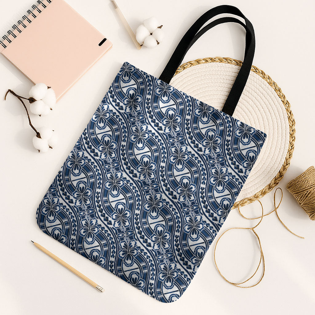 Hibiscus Bloom Island Tribal Waves Tote Bag Blue Polynesian Pattern