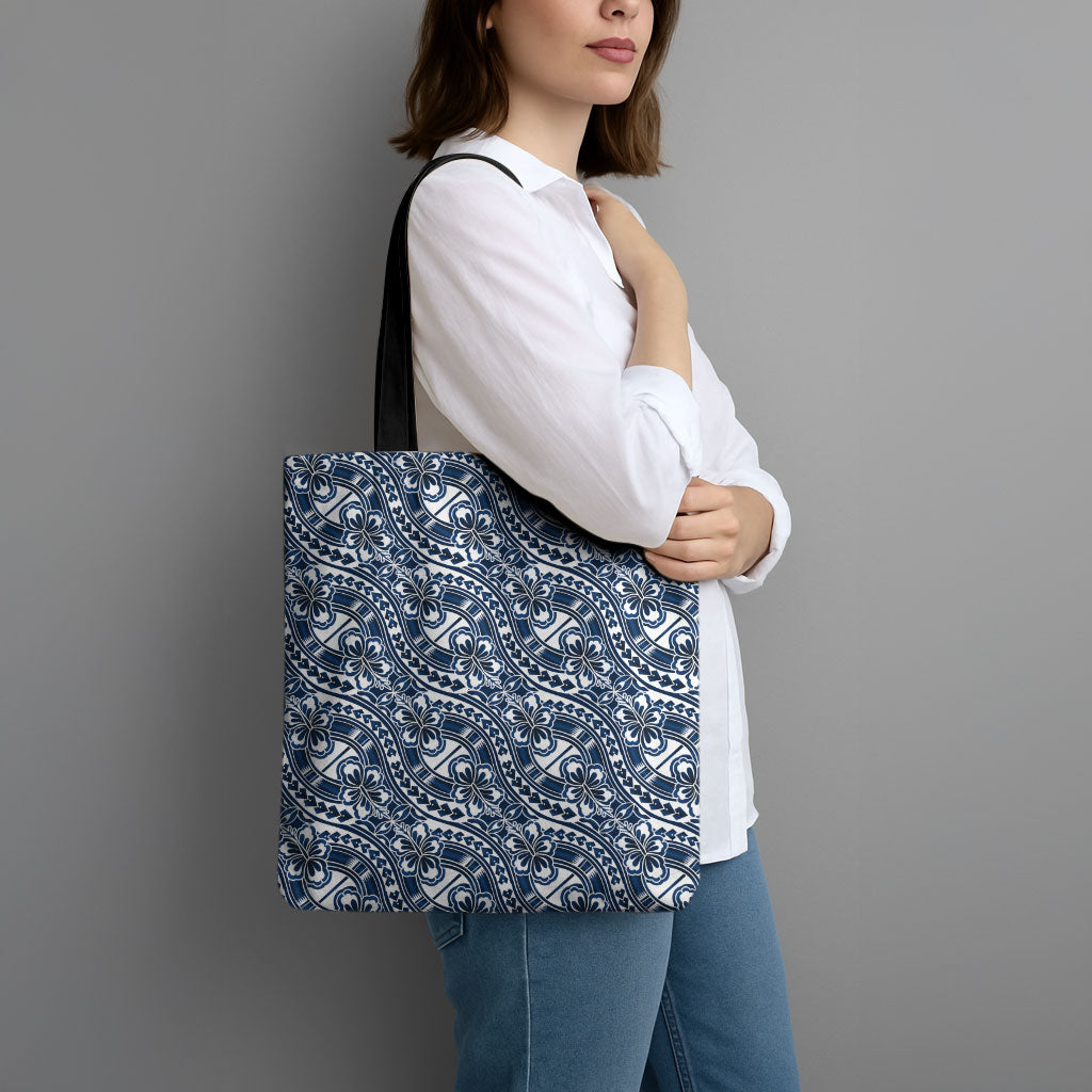 Hibiscus Bloom Island Tribal Waves Tote Bag Blue Polynesian Pattern