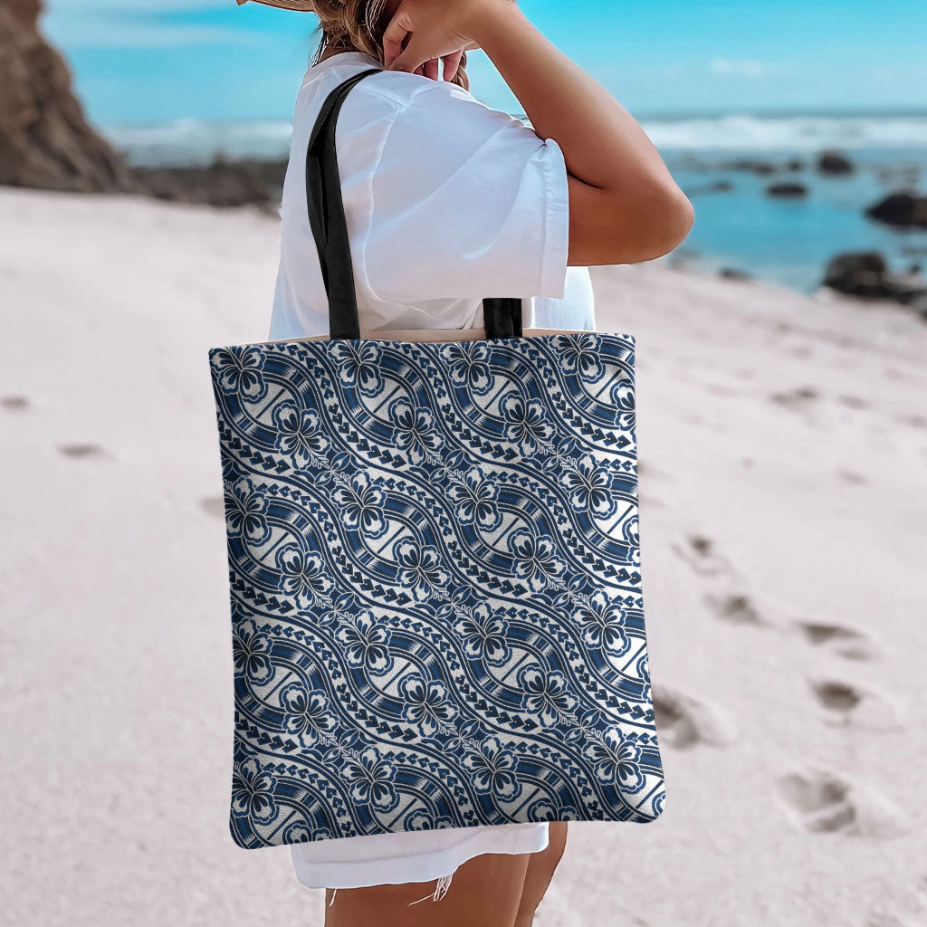 Hibiscus Bloom Island Tribal Waves Tote Bag Blue Polynesian Pattern