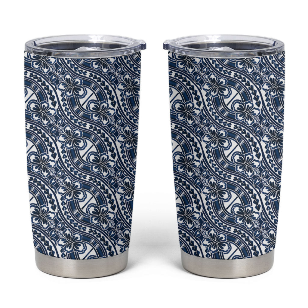 Hibiscus Bloom Island Tribal Waves Tumbler Cup Blue Polynesian Pattern